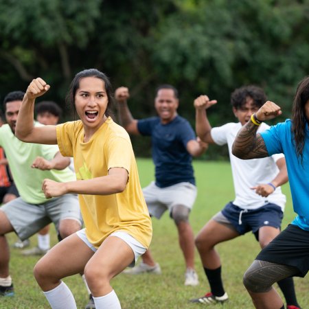 Kaimana and the cast of NEXT GOAL WINS. Photo by Hilary Bronwyn Gayle. Courtesy of Searchlight Pictures. © 2022 20th Century Studios All Rights Reserved.