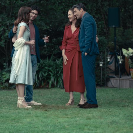 Phoebe Dynevor as Liz, Dylan O'Brien as Josh, Diane Lane as Ellen, and Kyle Chandler as Paul in Anniversary. Photo Credit: Owen Behan
