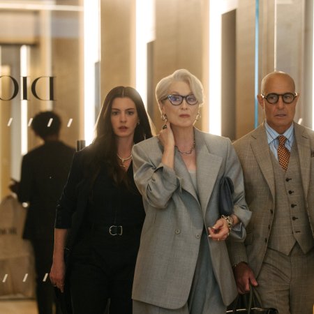 (L-R) Anne Hathaway as Andy Sachs, Meryl Streep as Miranda Priestly and Stanley Tucci as Nigel Kipling in 20th Century Studios' THE DEVIL WEARS PRADA 2. Photo by Macall Polay. © 2026 20th Century Studios. All Rights Reserved.